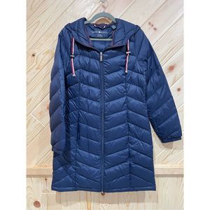 Tommy Hilfiger Womens Chevron Quilted Packable Down Jacket Hooded Blue Medium